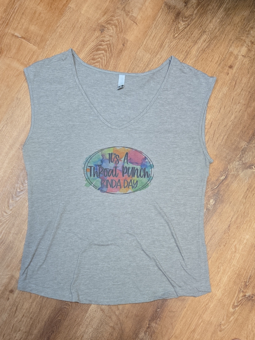 Hand Crafted Gray Tank Top with Multicolor Watercolor Graphic